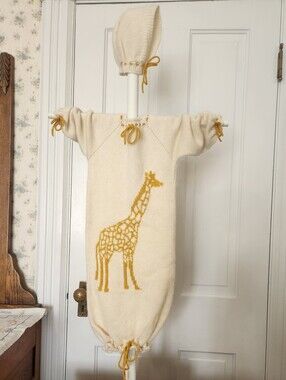 100% American Cashmere Cream and Gold Giraffe Baby Sacque and Hat One Size